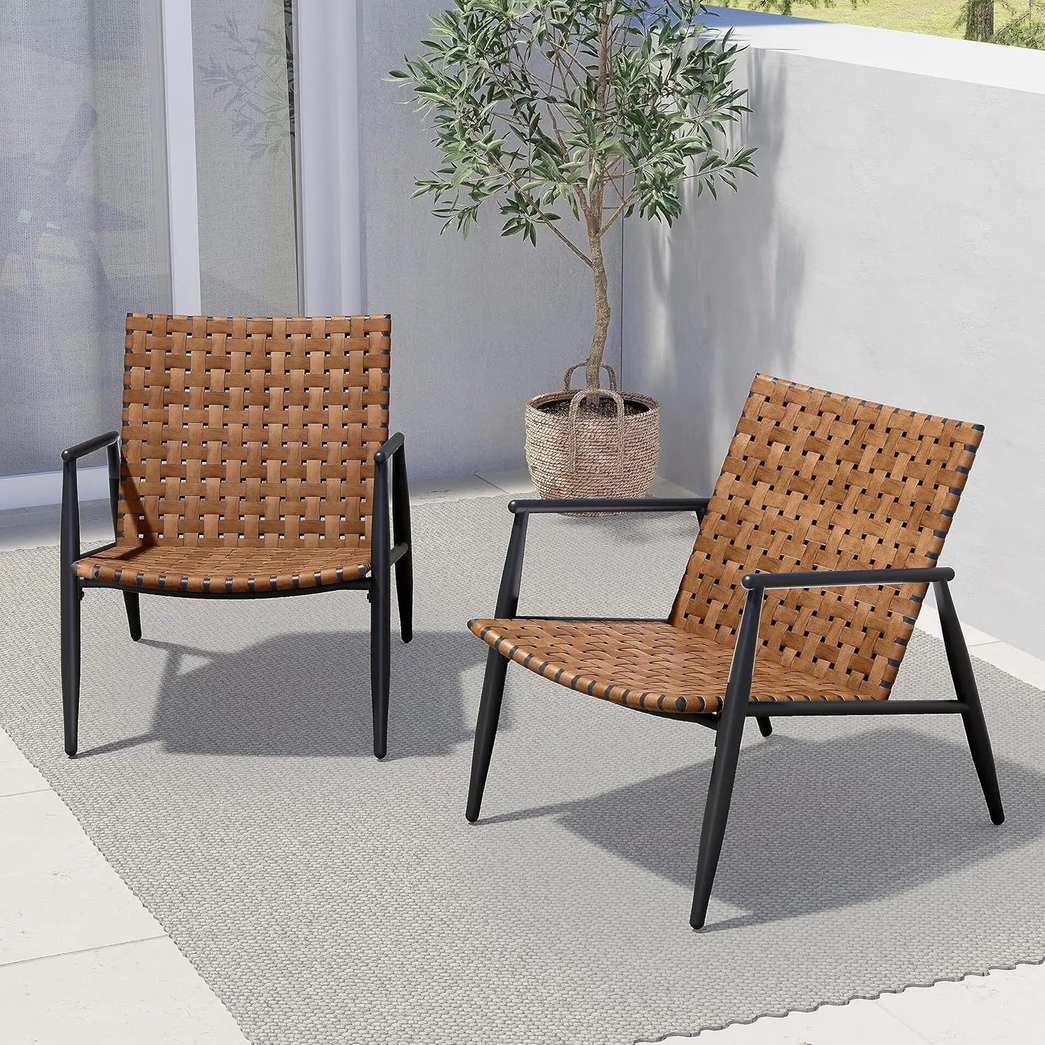 4-Piece Vintage Brown Wicker Outdoor Furniture Set – Leather-Look Patio Conversation Set with Loveseat, Chairs & Coffee Table