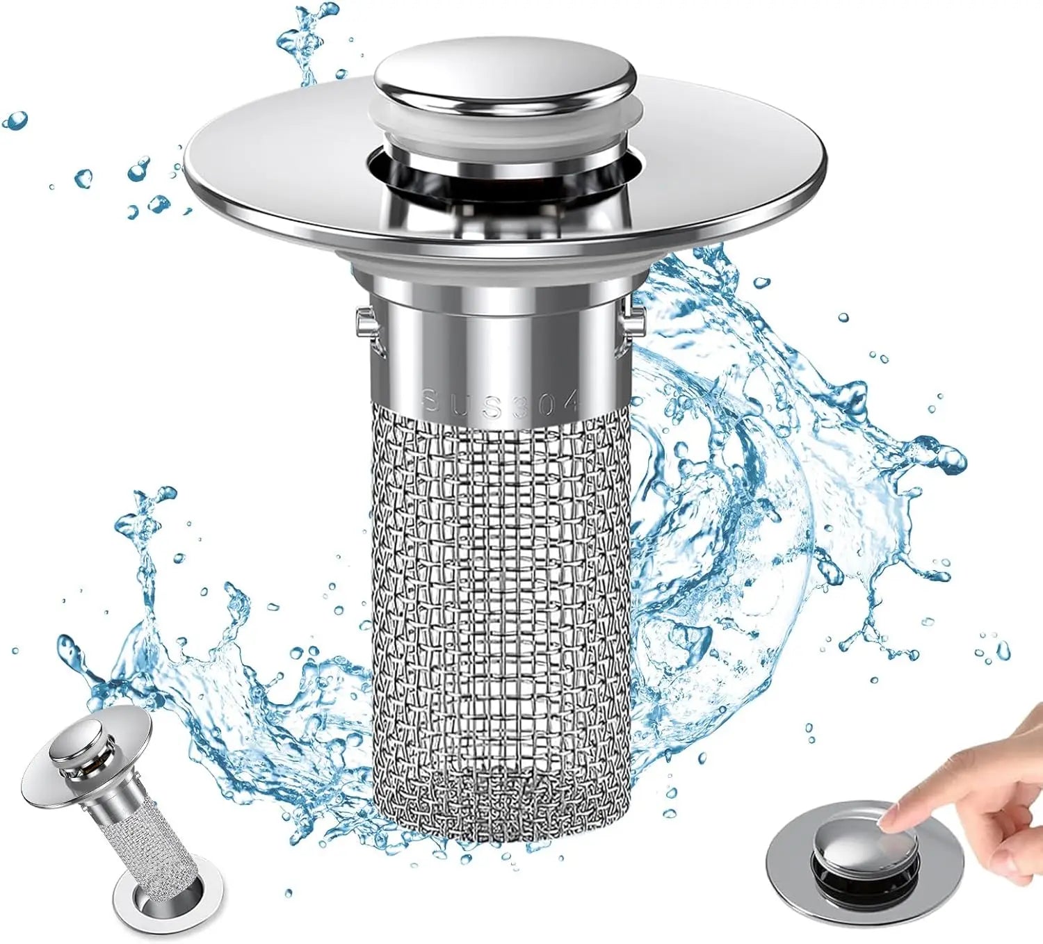 Pop-Up Bathroom Sink Drain Strainer Filter – Removable Stainless Steel Basket Hair Catcher