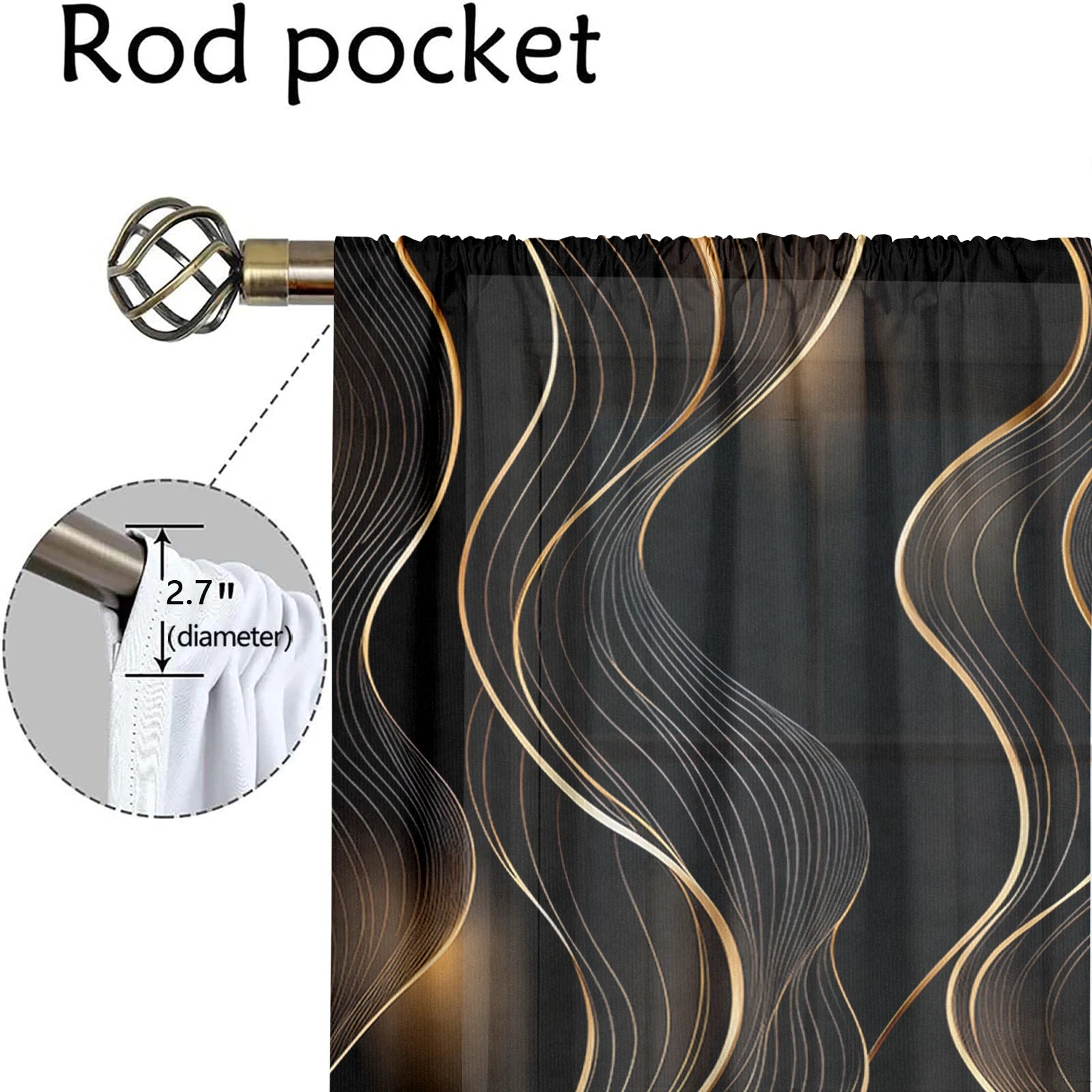 2-Panel Modern Art Curtains – 3D Black & Gold Streamline Pattern Drapes for Living Room, Bedroom & Balcony