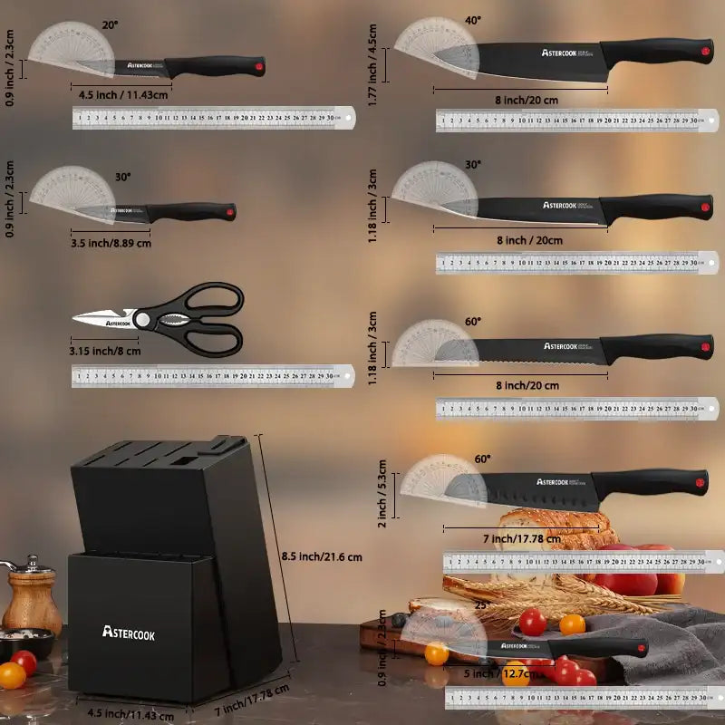 “15-Piece Astercook Knife Set with Block – German Stainless Steel Kitchen Knives Dishwasher Safe with Built-in Sharpener”