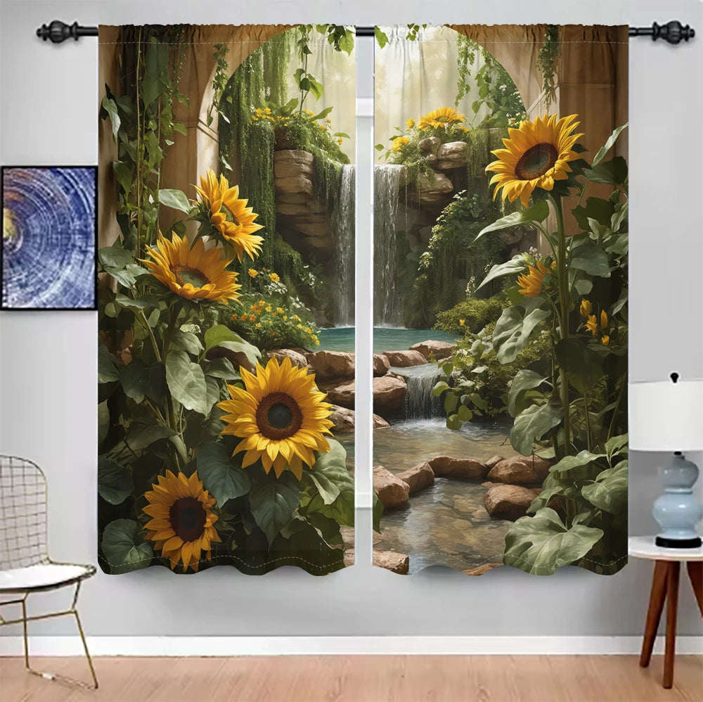 2-Panel Forest Waterfall Drapes – 3D Sunflower & Stream Pattern Curtains for Living Room, Bedroom & Balcony Sun-Shade