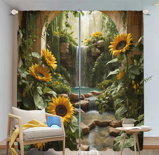 2-Panel Forest Waterfall Drapes – 3D Sunflower & Stream Pattern Curtains for Living Room, Bedroom & Balcony Sun-Shade
