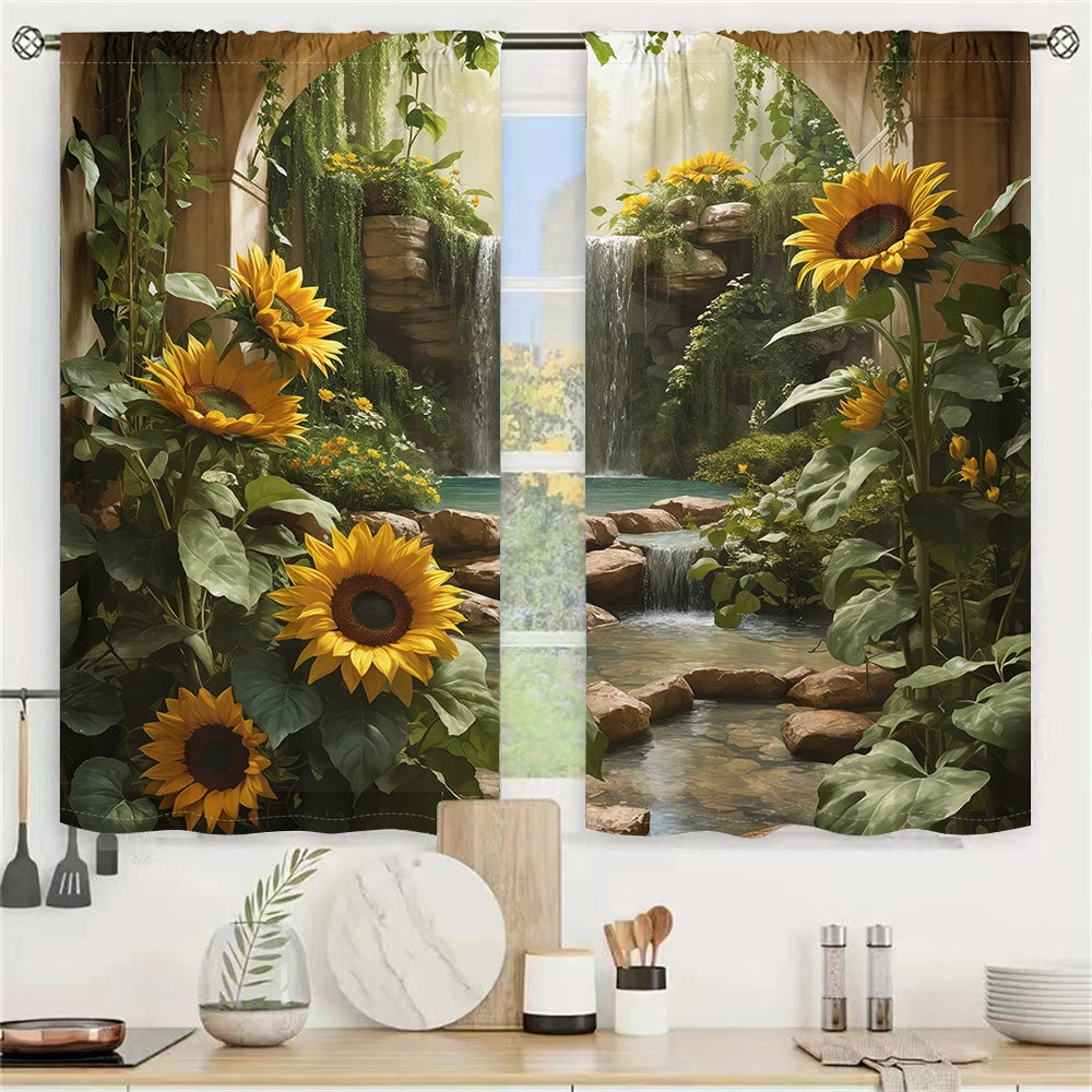 2-Panel Forest Waterfall Drapes – 3D Sunflower & Stream Pattern Curtains for Living Room, Bedroom & Balcony Sun-Shade