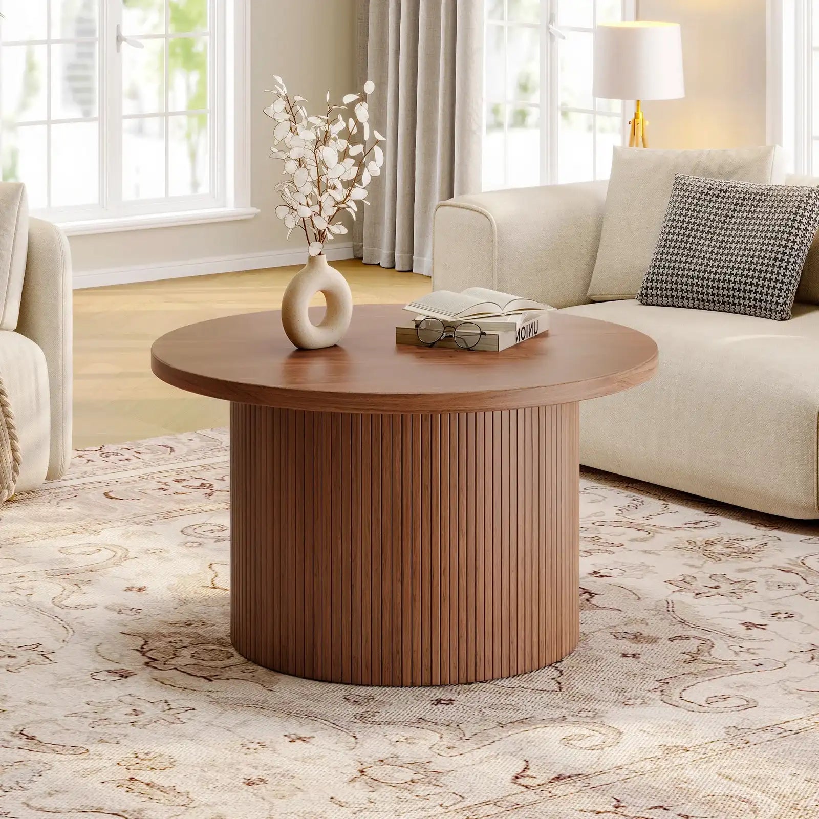 31.5″ Round Tambour Design Coffee Table – Mid Century Modern Wood Drum Accent Center Table, Walnut