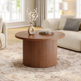 31.5″ Round Tambour Design Coffee Table – Mid Century Modern Wood Drum Accent Center Table, Walnut