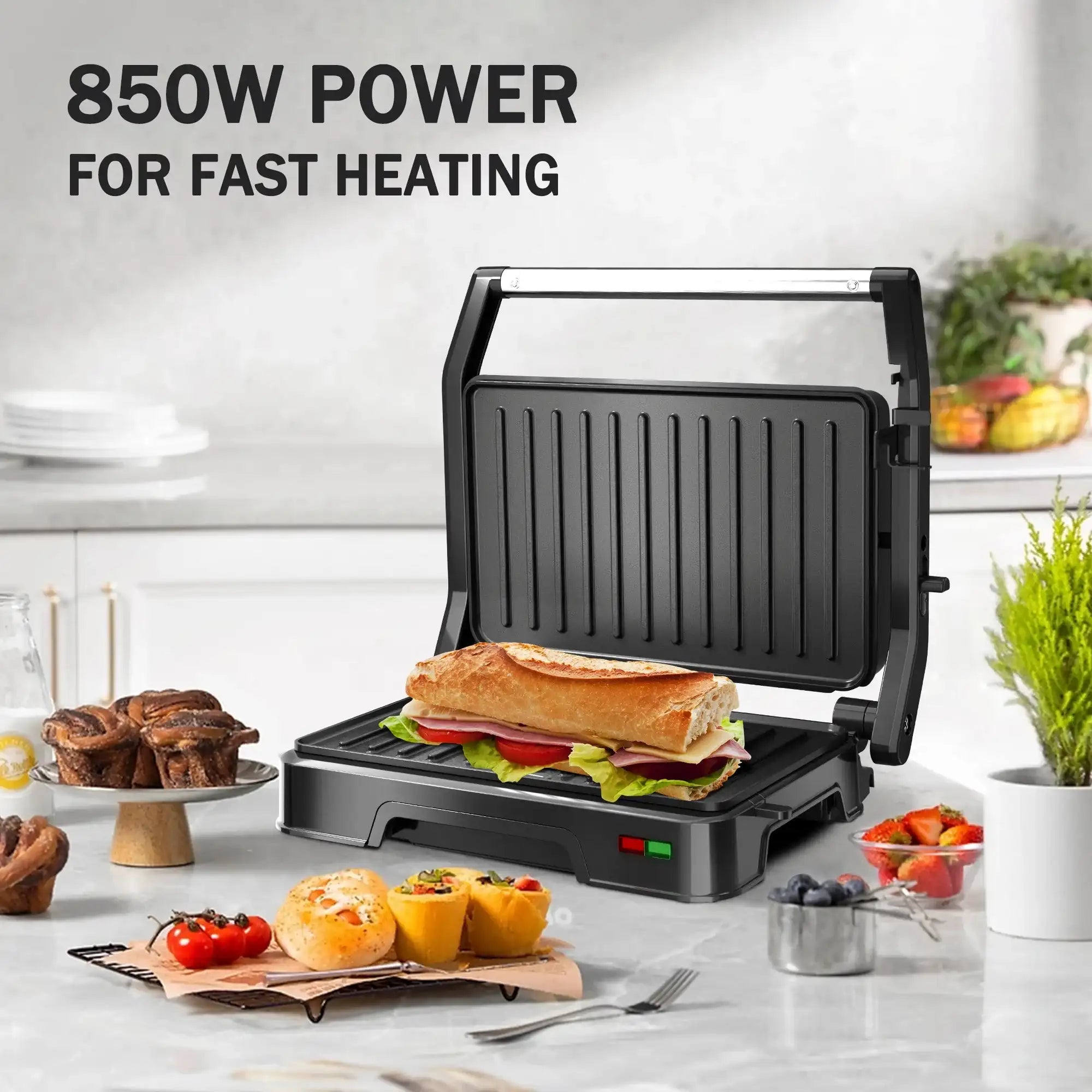 Pars Khazar SM‑850P Panini Press & Sandwich Maker – 850 W, Non-Stick Plates, Locking Lid