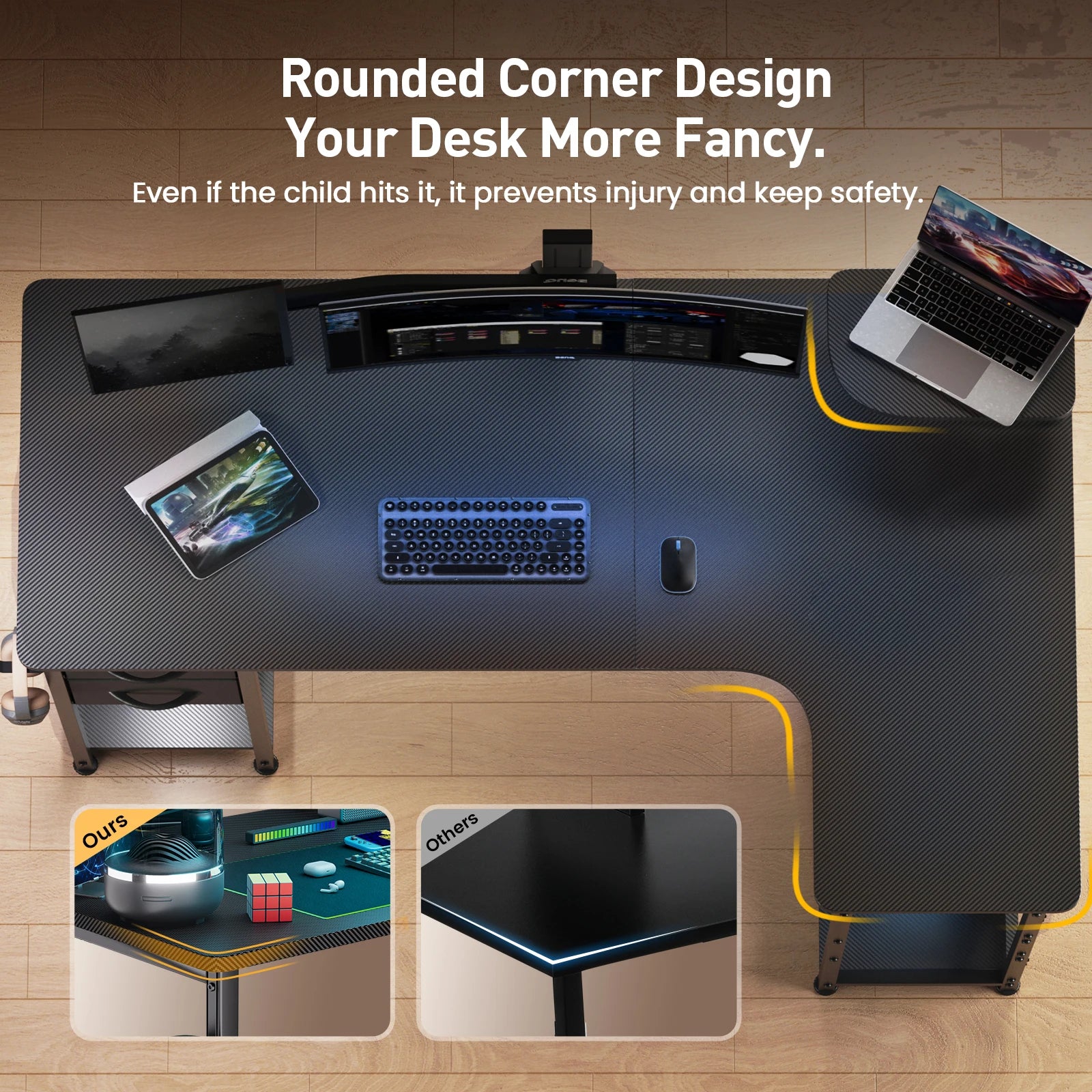 L-Shaped Gaming Desk with Drawers – Carbon Fiber Computer Desk with Monitor Arm for Home Office & Gaming Setups