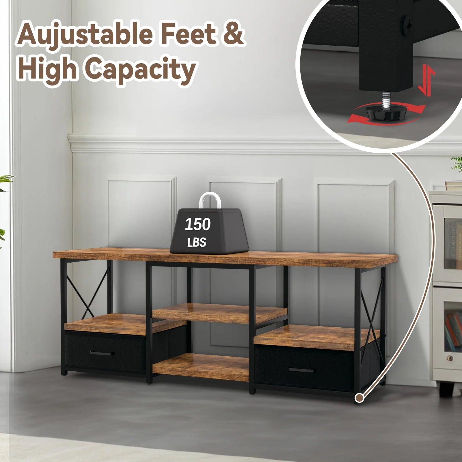 55″ TV Stand with Fabric Drawers – Black Finish Entertainment Console