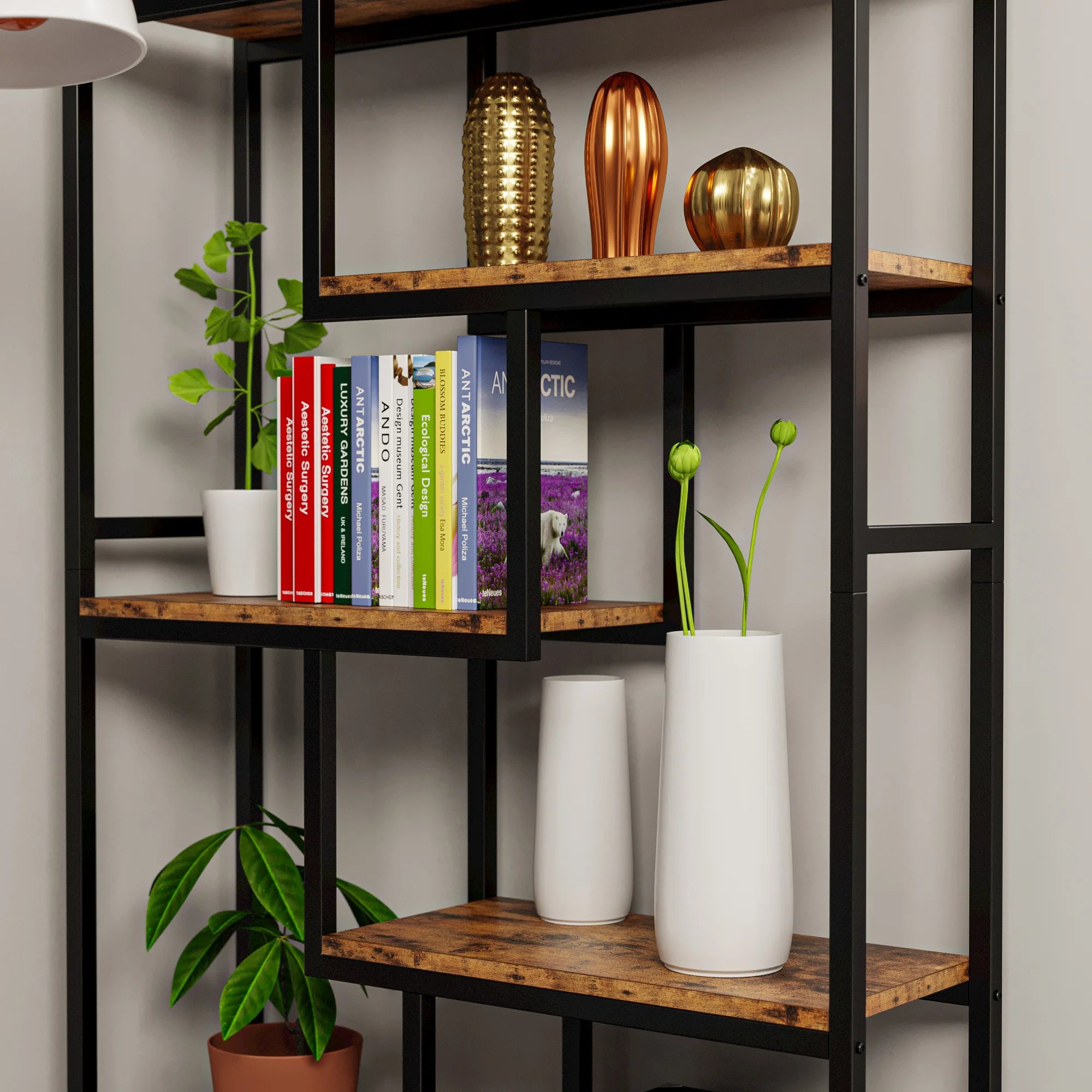 Industrial 6‑Shelf Etagere Bookcase – Geometric Open Display with Sturdy Metal Frame