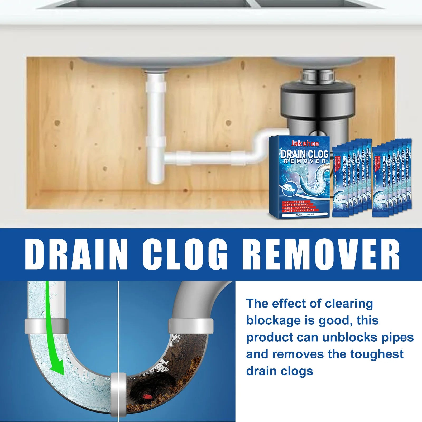 Jakehoe 25 g × 12 Bathroom Sink & Drain Cleaner Powder – High-Power Grease & Hair Clog Remover