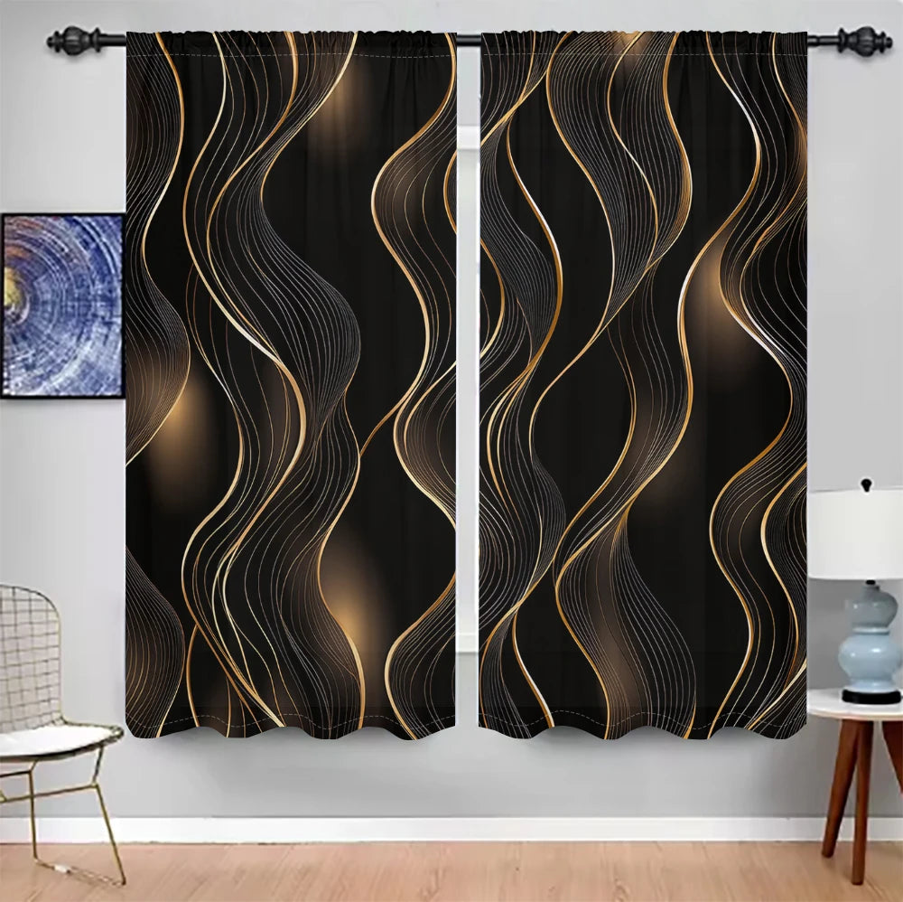 2-Panel Modern Art Curtains – 3D Black & Gold Streamline Pattern Drapes for Living Room, Bedroom & Balcony