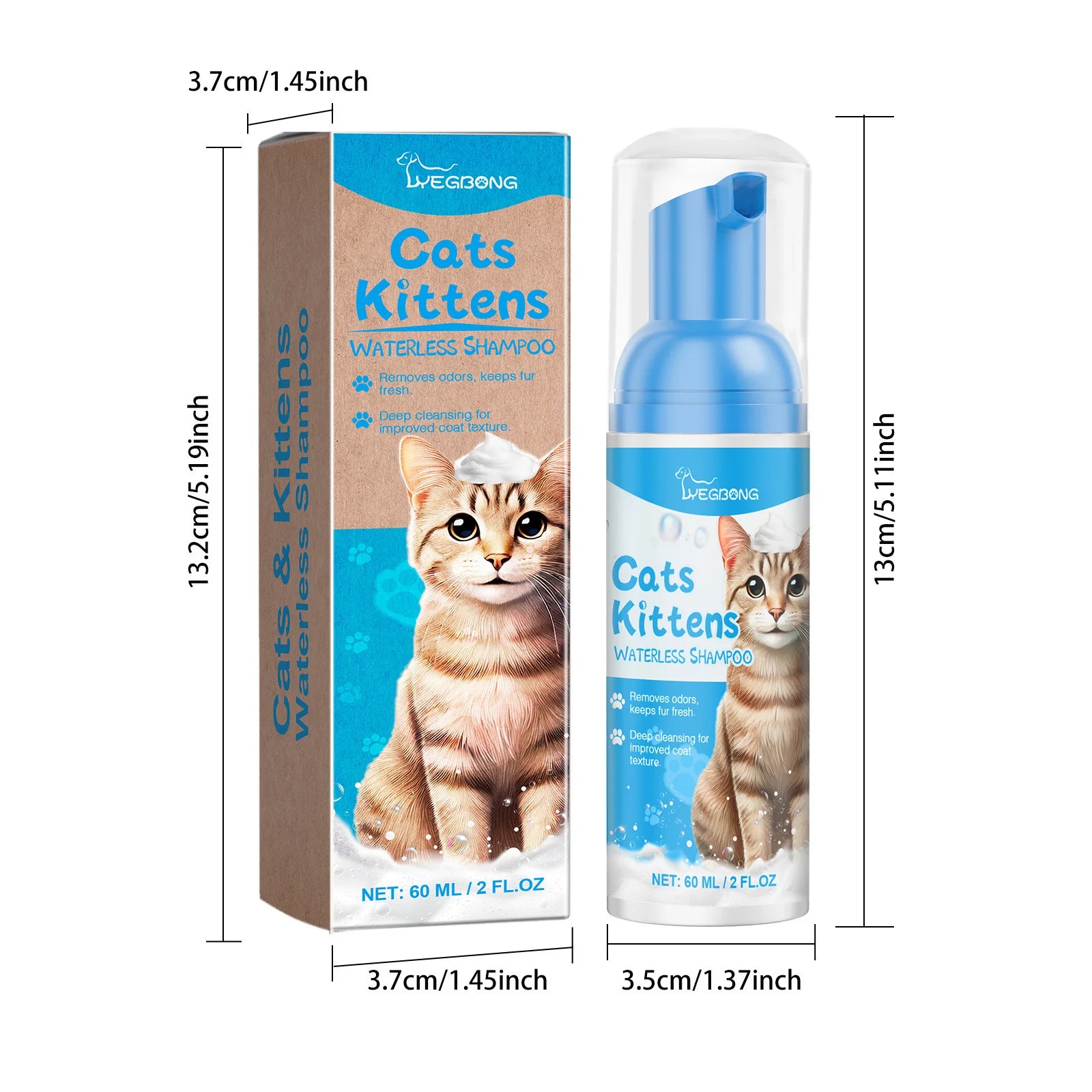 Yegbong Cat Cleaning Mousse – 60ML Waterless Pet Shampoo for Kittens & Cats, Removes Dirt & Oil, Moisturizes & Smooths Fur