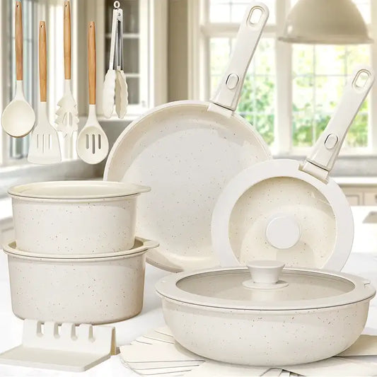“21-Piece Non-Stick Ceramic Pots & Pans Cookware Set – AsterCook with Sensor Handles, Milky White Kitchen Collection”