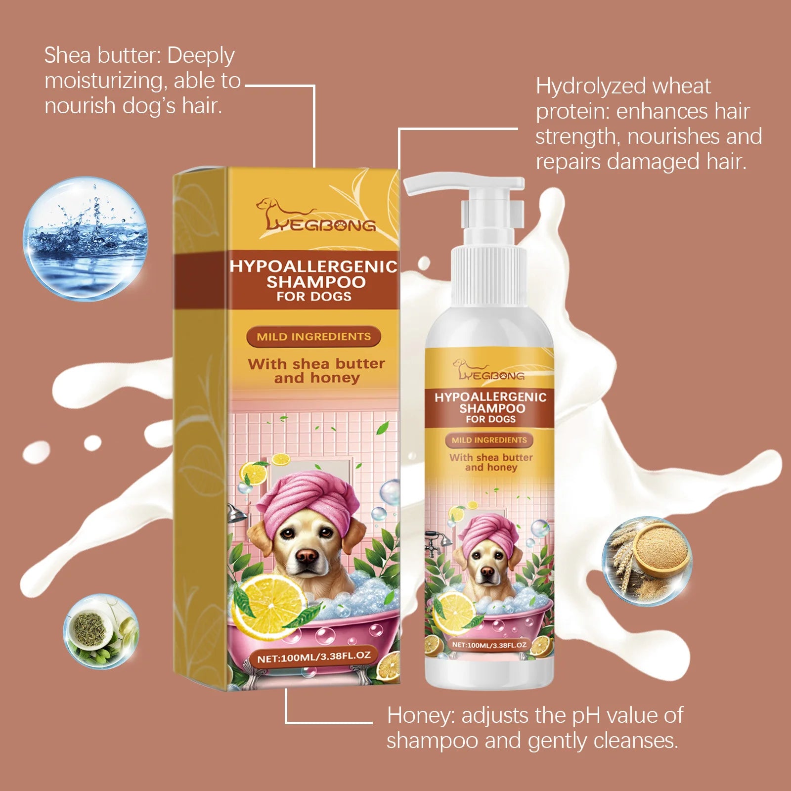 Yegbong Pet Shampoo 100ml – Hypoallergenic Dog Bath Wash, Hair Softening & Itchy Skin Relief, Nourishing Fur Cleanser