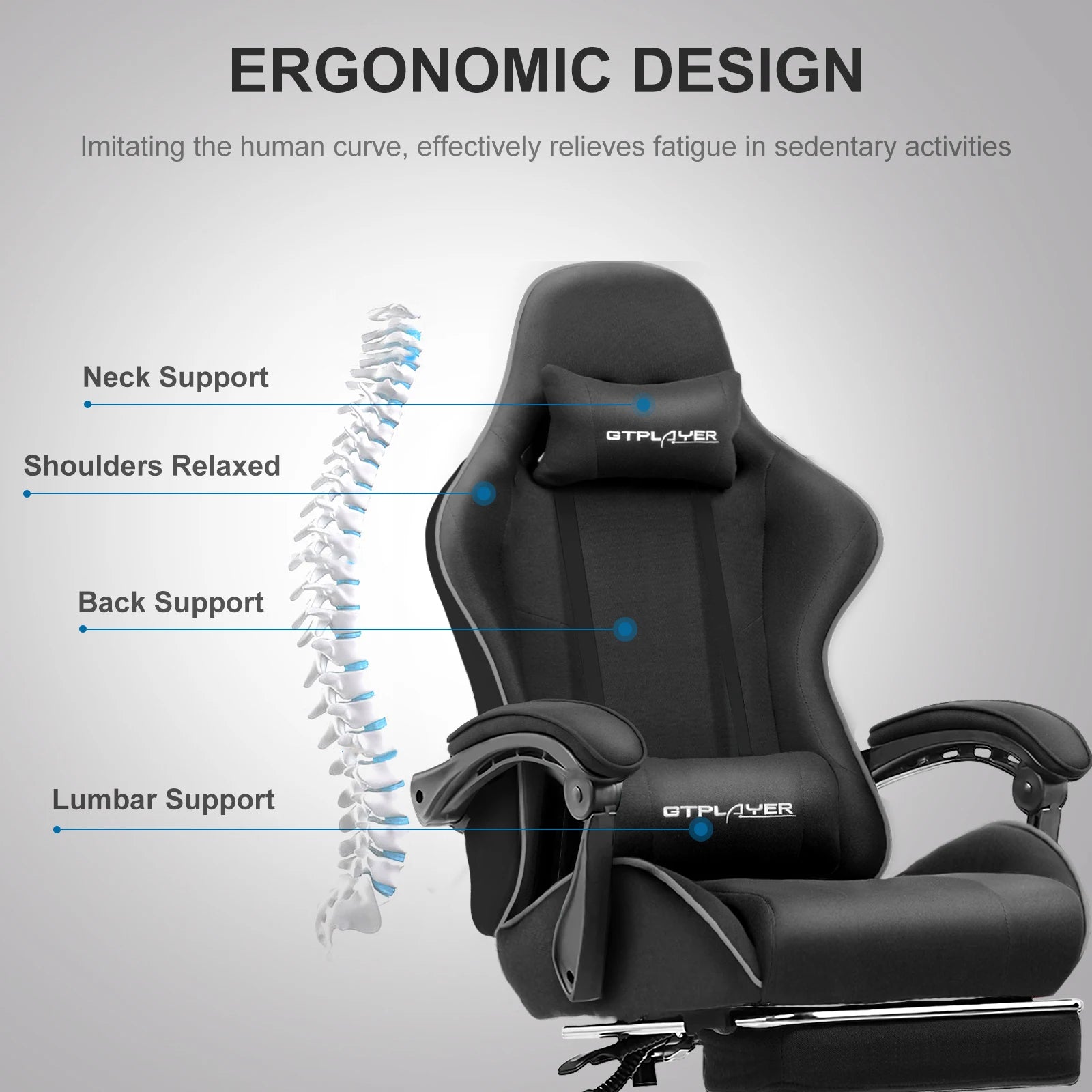 GTPLAYER Ultra-Comfortable Ergonomic Gaming Chair with Footrest, Lumbar Support & Swivel Headrest