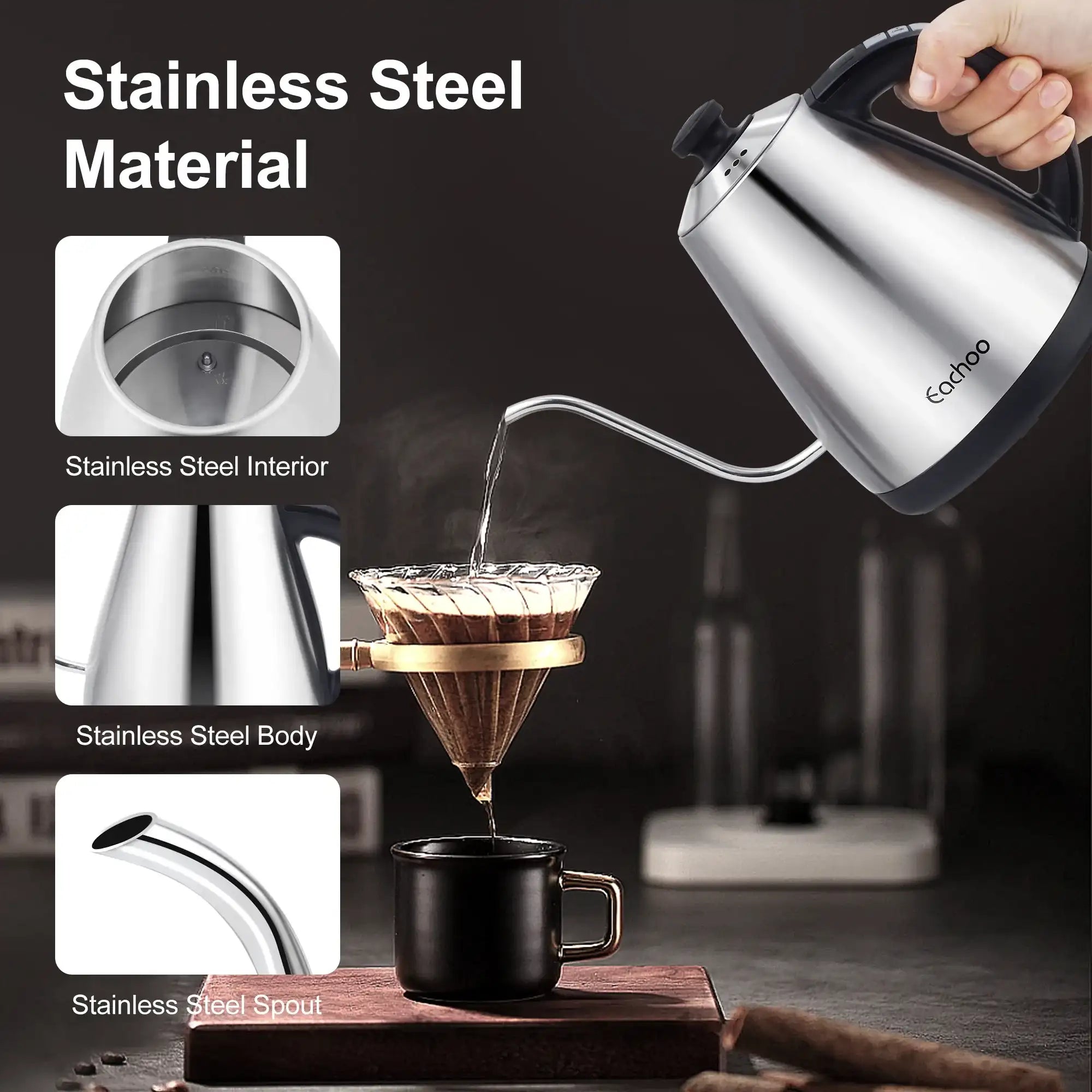 Stainless Steel Electric Gooseneck Kettle with Coffee Dripper – Pour-Over Kettle with Temperature Control & LED Display