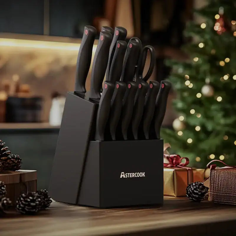 “15-Piece Astercook Knife Set with Block – German Stainless Steel Kitchen Knives Dishwasher Safe with Built-in Sharpener”