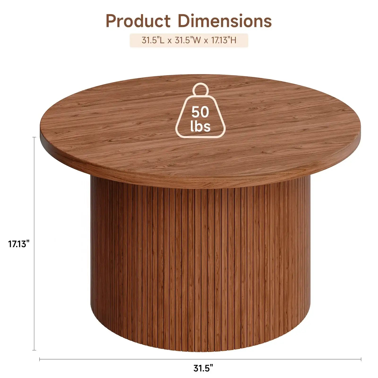31.5″ Round Tambour Design Coffee Table – Mid Century Modern Wood Drum Accent Center Table, Walnut