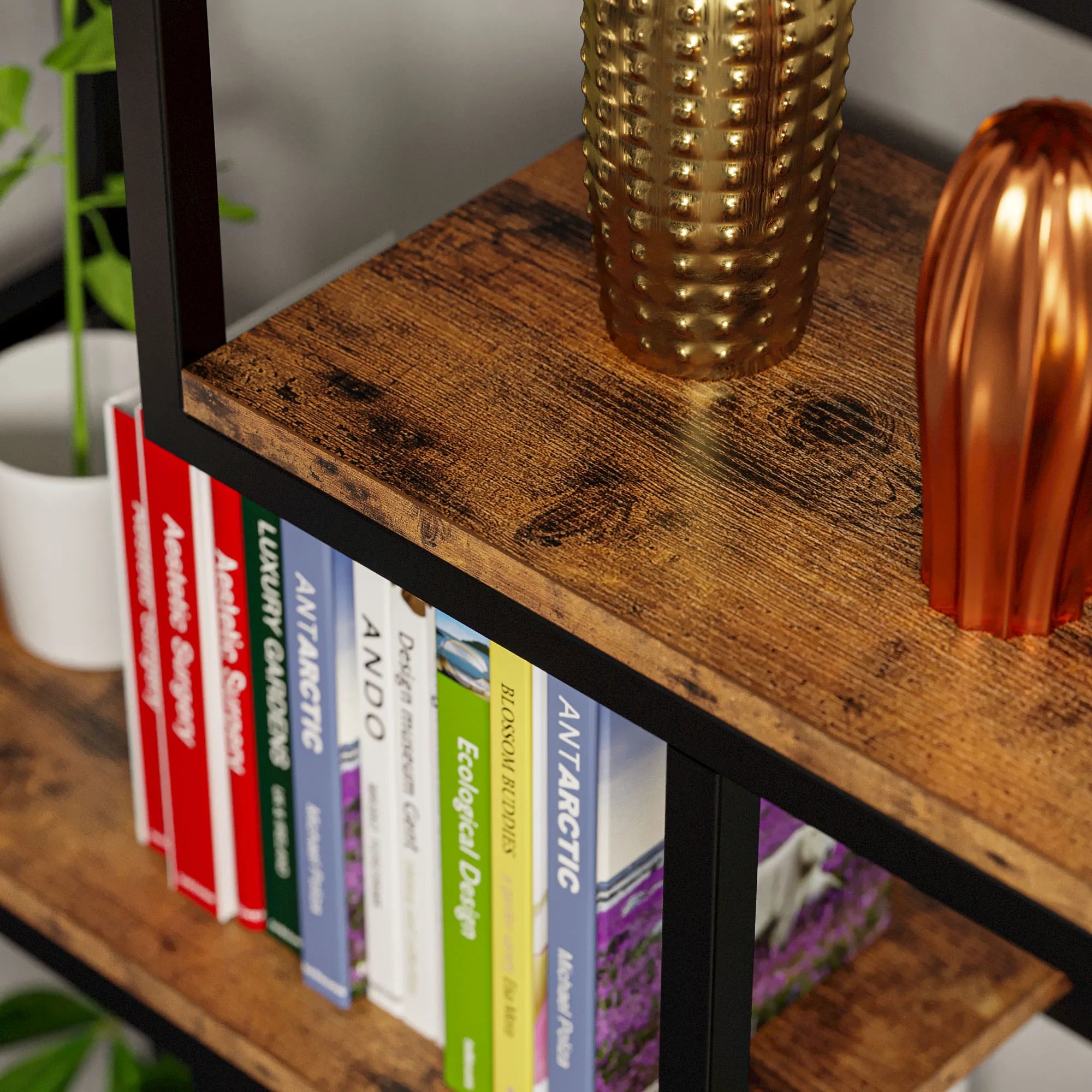 Industrial 6‑Shelf Etagere Bookcase – Geometric Open Display with Sturdy Metal Frame