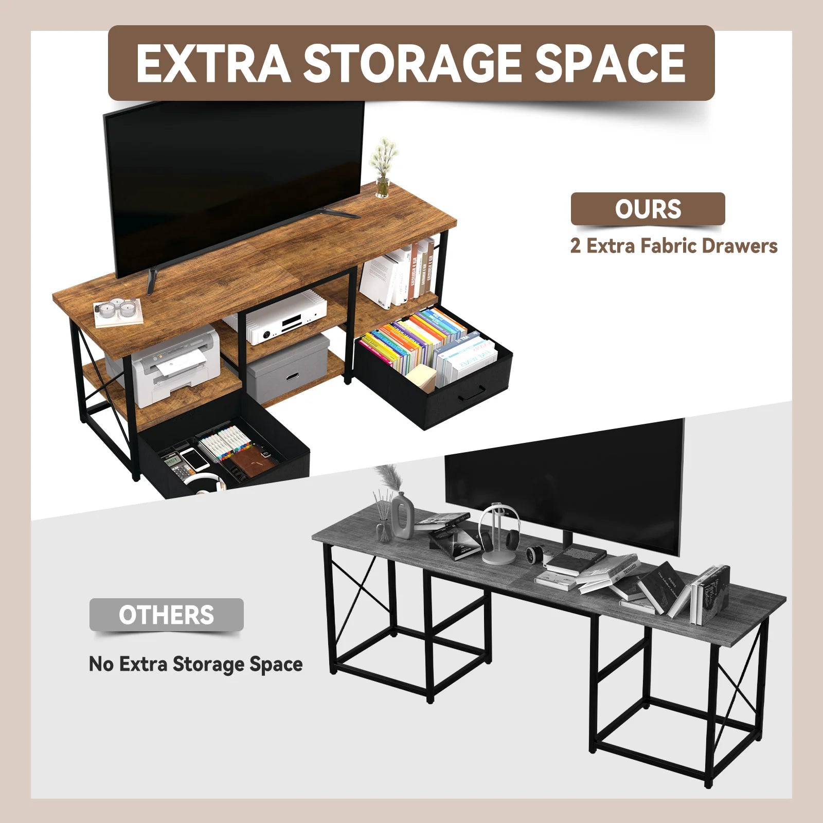 55″ TV Stand with Fabric Drawers – Black Finish Entertainment Console