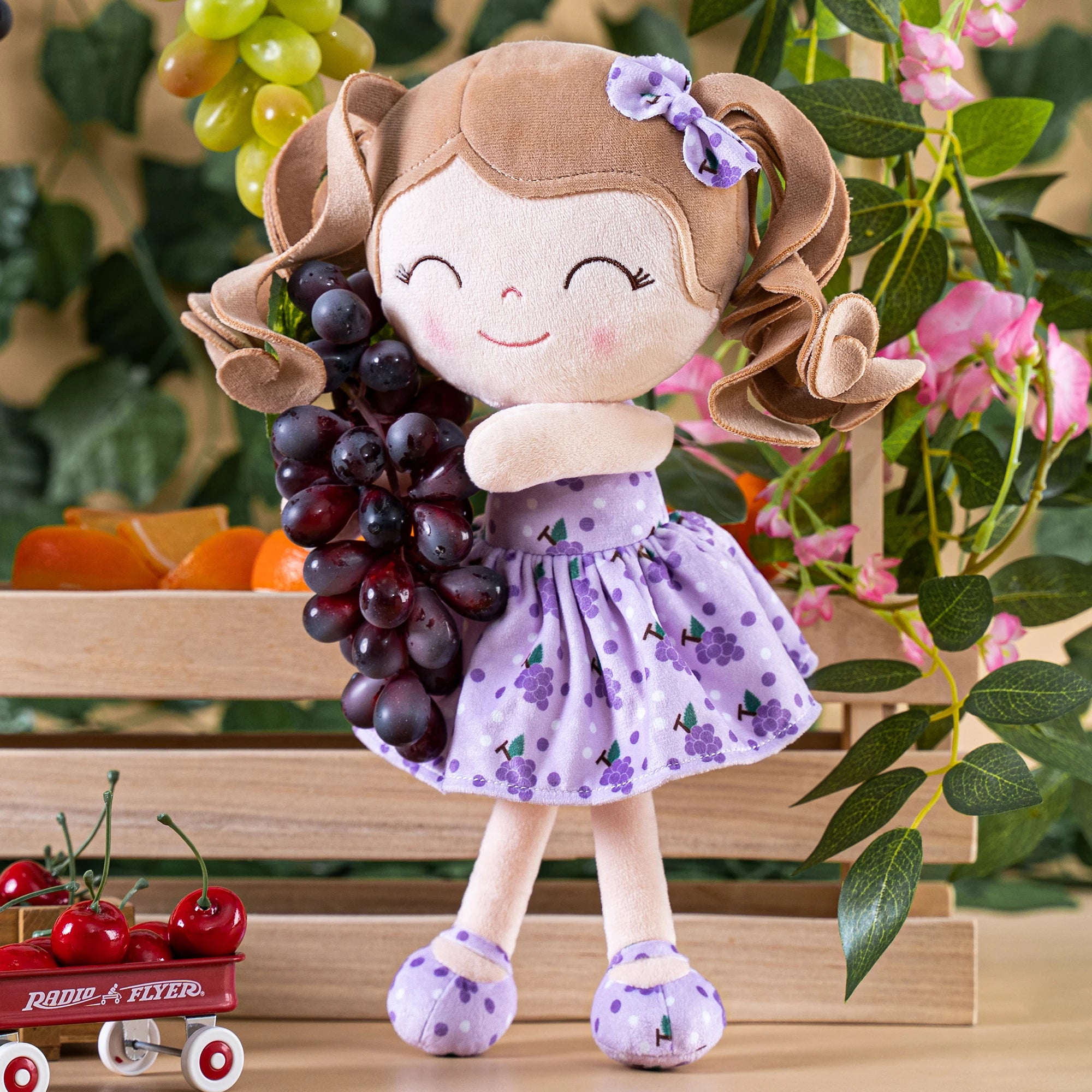 30cm Plush Baby Doll – Curly Hair Stuffed Fruit Toy in Grape Design, Soft Plush Doll for Kids’ Christmas & Birthday Gifts