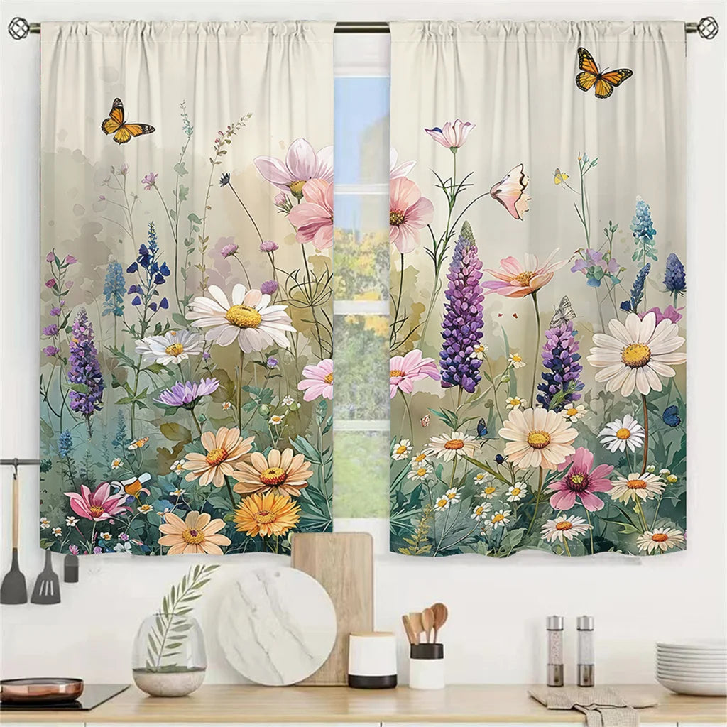 2-Panel Pastoral Floral Curtains – 3D Butterfly & Wildflower Pattern Drapes for Living Room, Bedroom & Balcony