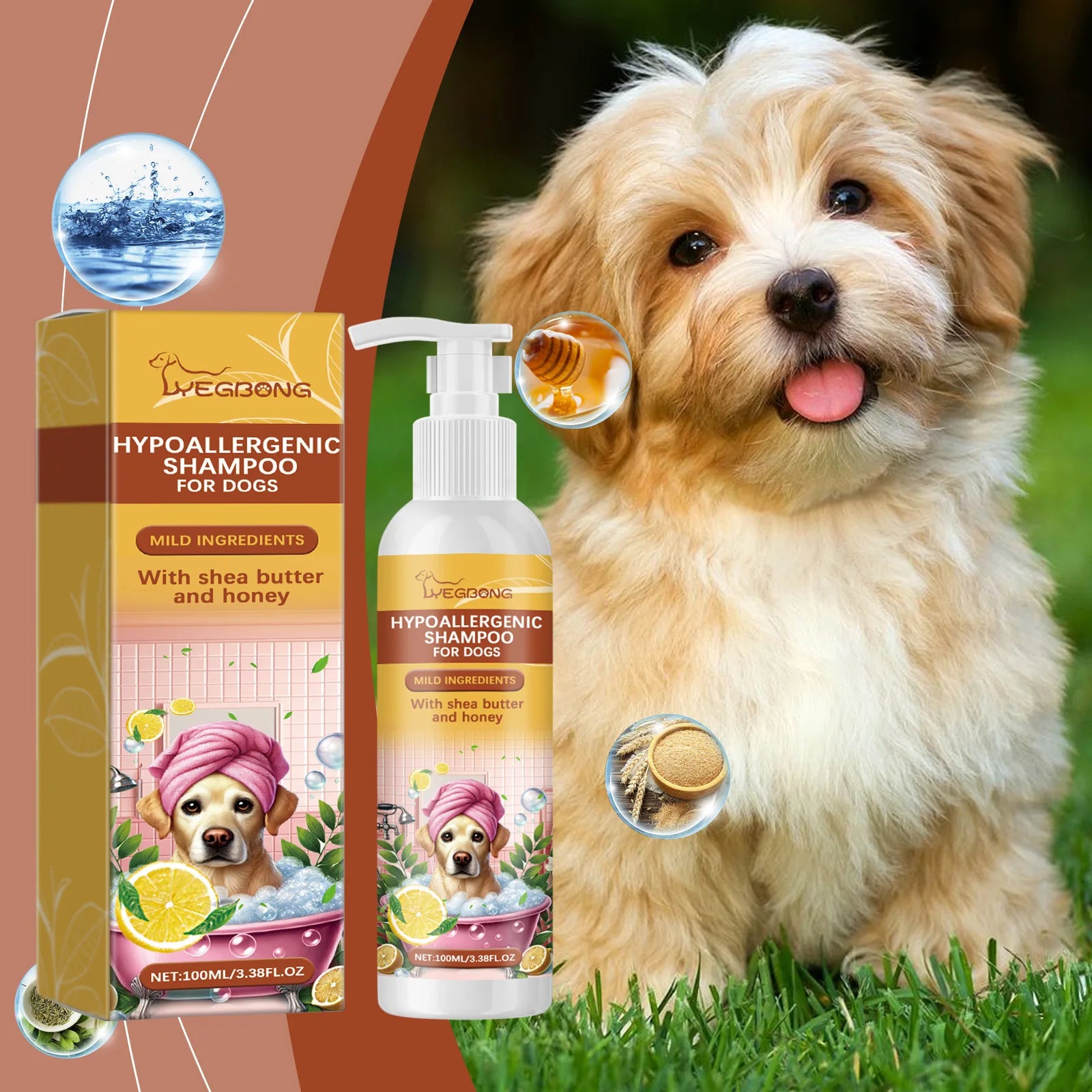 Yegbong Pet Shampoo 100ml – Hypoallergenic Dog Bath Wash, Hair Softening & Itchy Skin Relief, Nourishing Fur Cleanser
