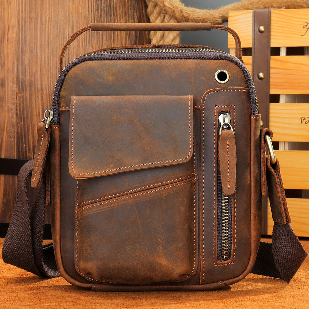 WESTAL Crazy Horse Leather Men’s Shoulder Bag – Vintage Crossbody Messenger Bag with USB Charging Port