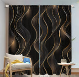 2-Panel Modern Art Curtains – 3D Black & Gold Streamline Pattern Drapes for Living Room, Bedroom & Balcony