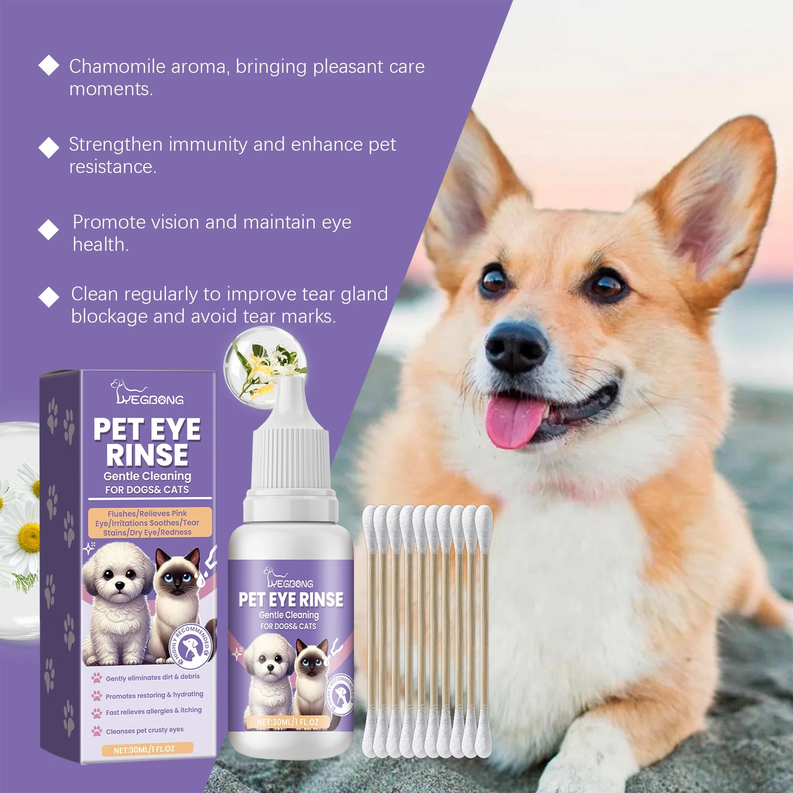 Yegbong Pet Eye Cleaner Drops – 30ml Tear Stain Remover for Dogs & Cats, Nourishing, Moisturizing & Brightening Eye Rinse