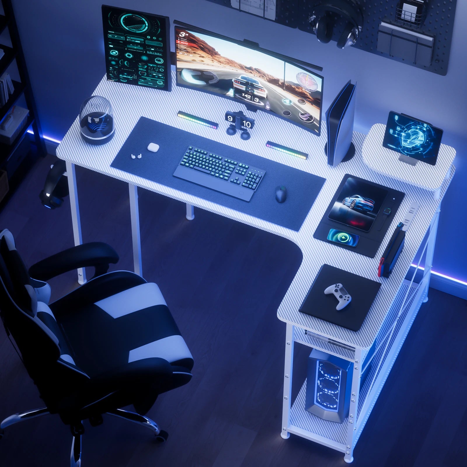 L-Shaped Gaming Desk with Drawers – Carbon Fiber Computer Desk with Monitor Arm for Home Office & Gaming Setups