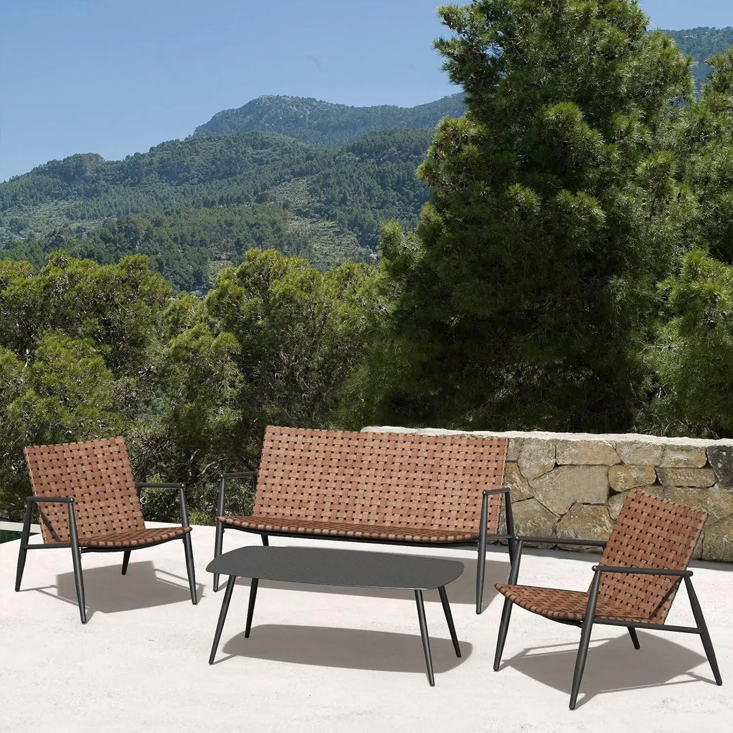4-Piece Vintage Brown Wicker Outdoor Furniture Set – Leather-Look Patio Conversation Set with Loveseat, Chairs & Coffee Table