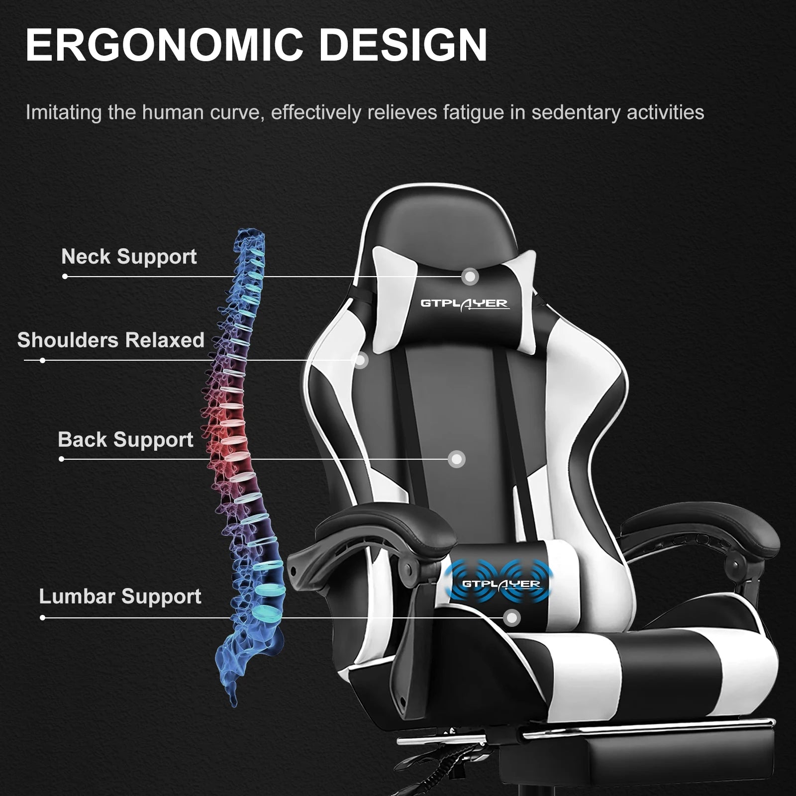 GTPLAYER Gaming Chair with Footrest – Ergonomic Office & Gaming Chair with Lumbar Support, Adjustable Height, Headrest & 360° Swivel