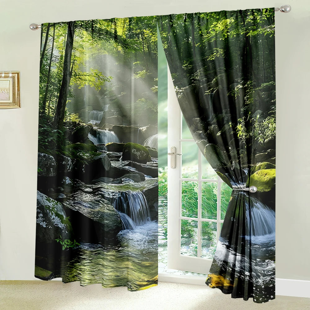 2Pcs Mountain Stream Curtains – 3D Sunlight Forest Pattern, Living Room & Bedroom Nature Decor
