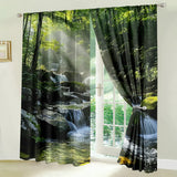 2Pcs Mountain Stream Curtains – 3D Sunlight Forest Pattern, Living Room & Bedroom Nature Decor