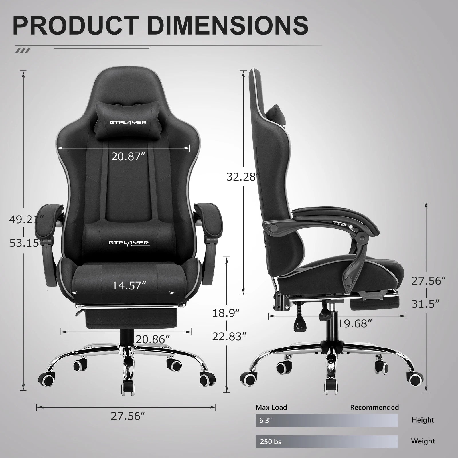 GTPLAYER Ultra-Comfortable Ergonomic Gaming Chair with Footrest, Lumbar Support & Swivel Headrest