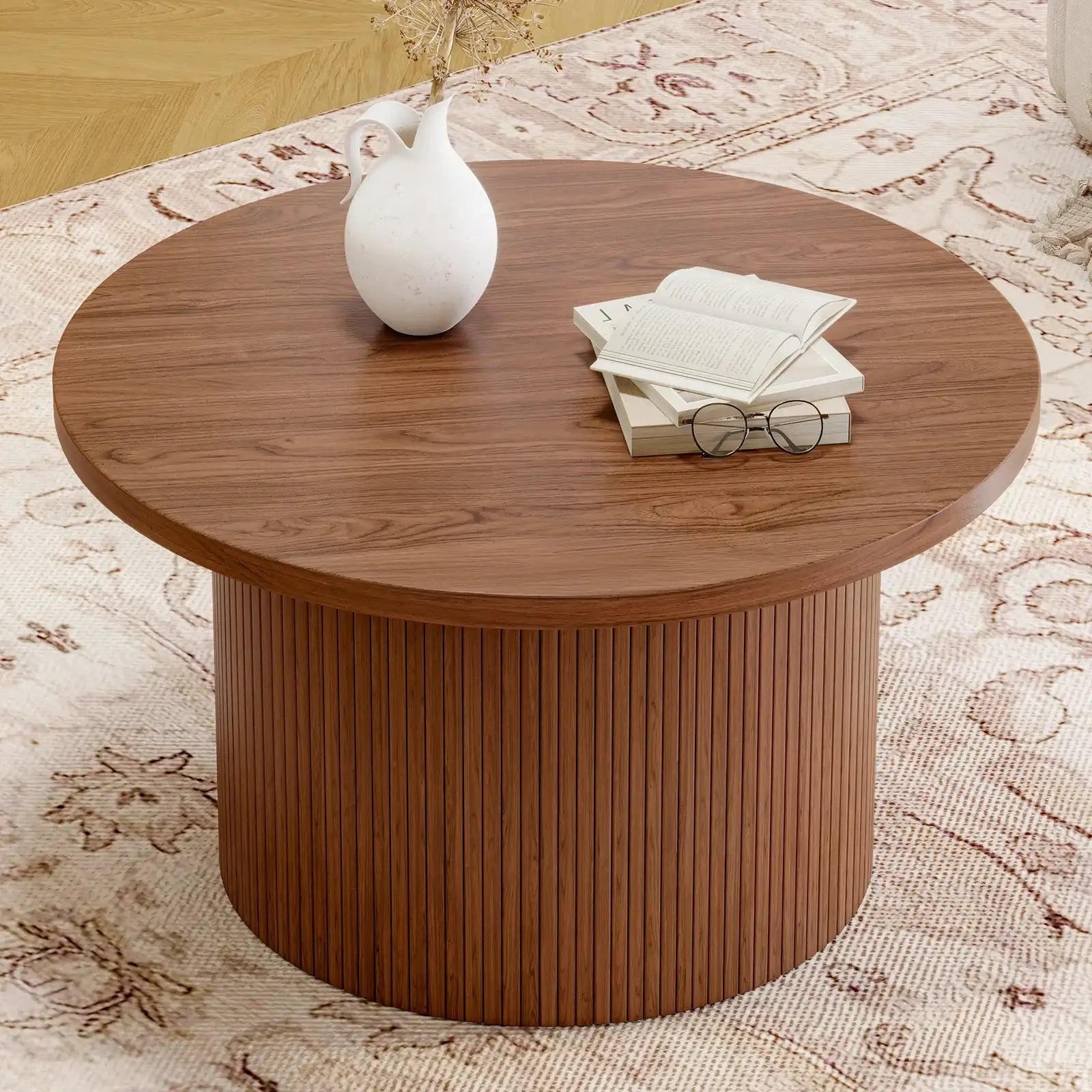 31.5″ Round Tambour Design Coffee Table – Mid Century Modern Wood Drum Accent Center Table, Walnut
