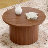 31.5″ Round Tambour Design Coffee Table – Mid Century Modern Wood Drum Accent Center Table, Walnut