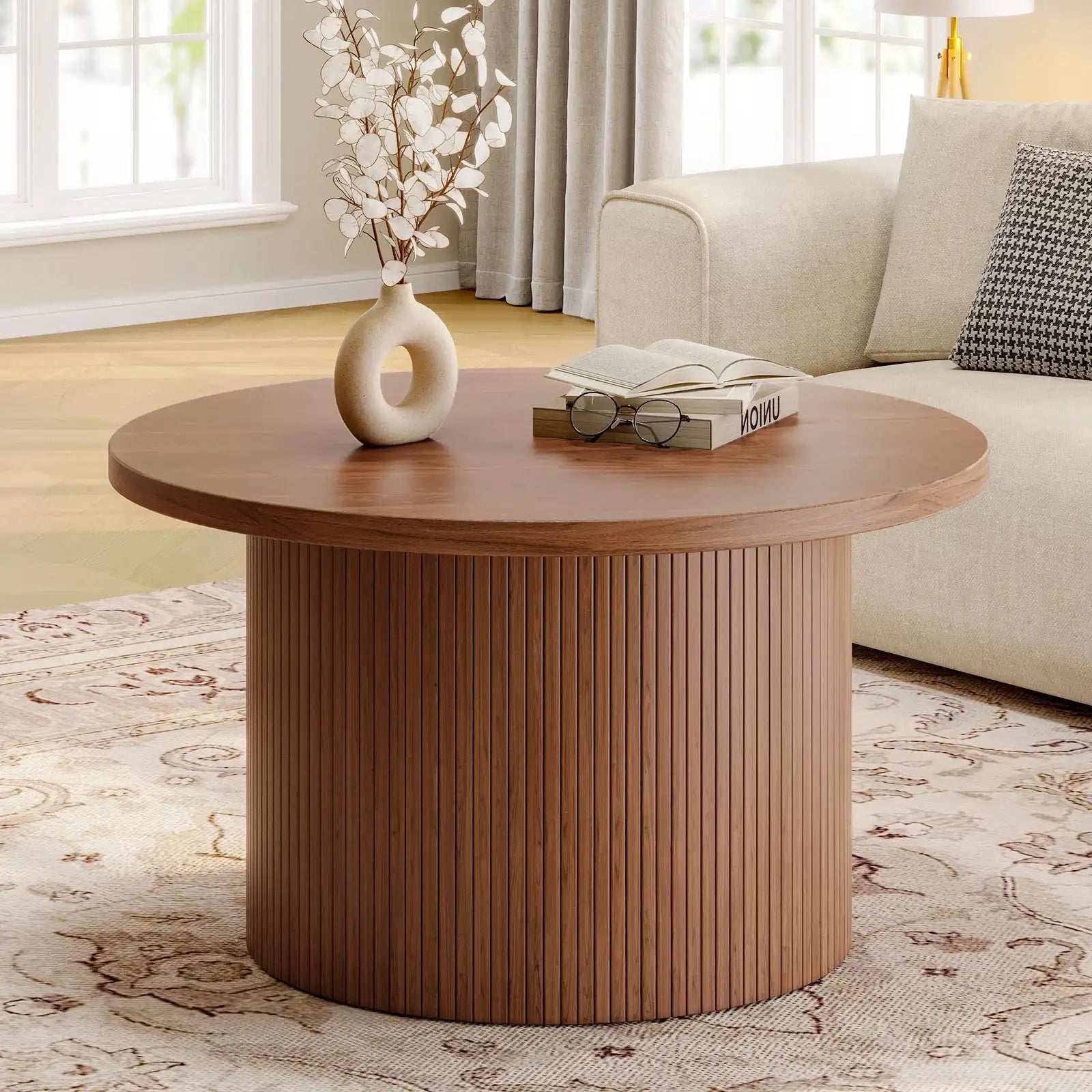 31.5″ Round Tambour Design Coffee Table – Mid Century Modern Wood Drum Accent Center Table, Walnut