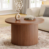 31.5″ Round Tambour Design Coffee Table – Mid Century Modern Wood Drum Accent Center Table, Walnut