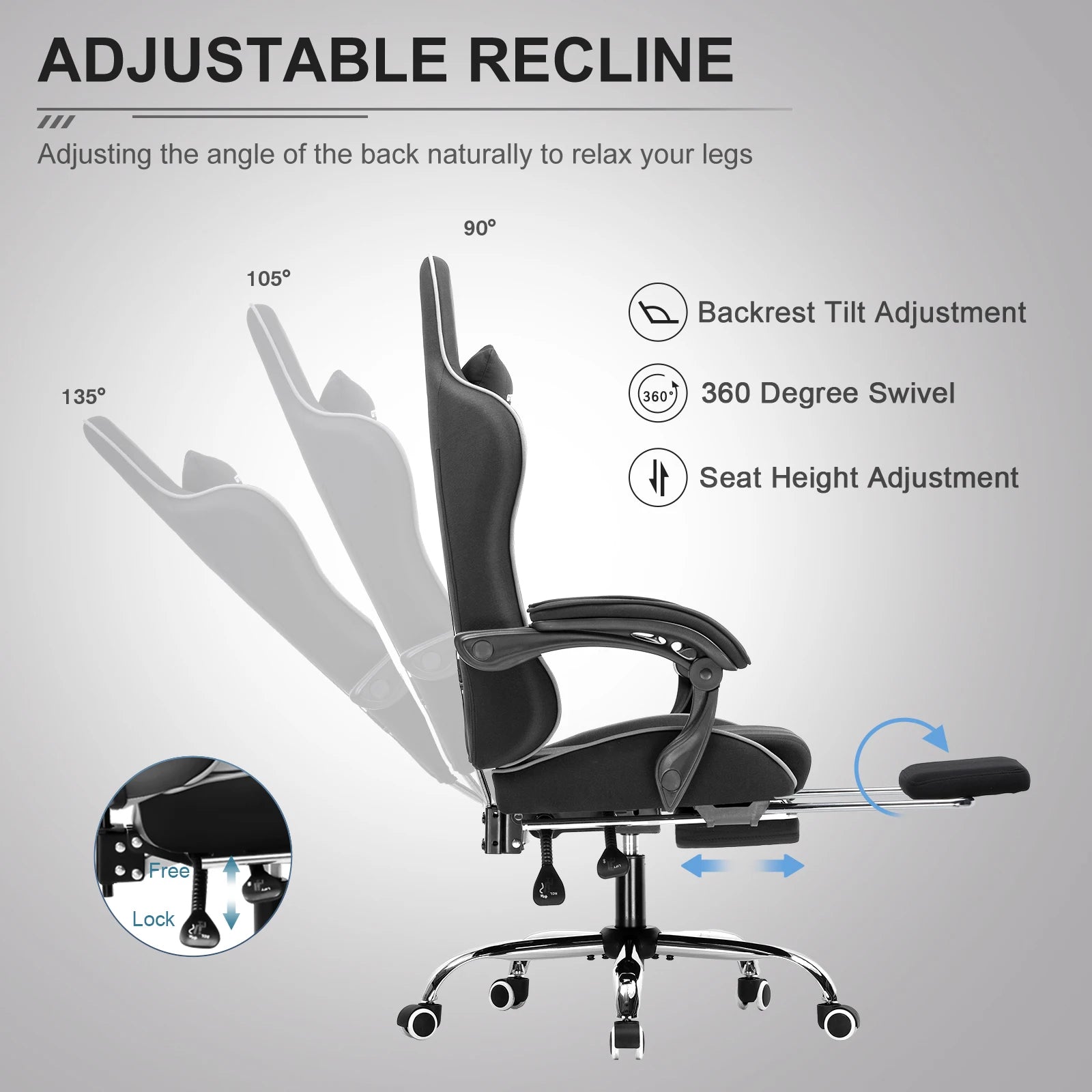 GTPLAYER Ultra-Comfortable Ergonomic Gaming Chair with Footrest, Lumbar Support & Swivel Headrest