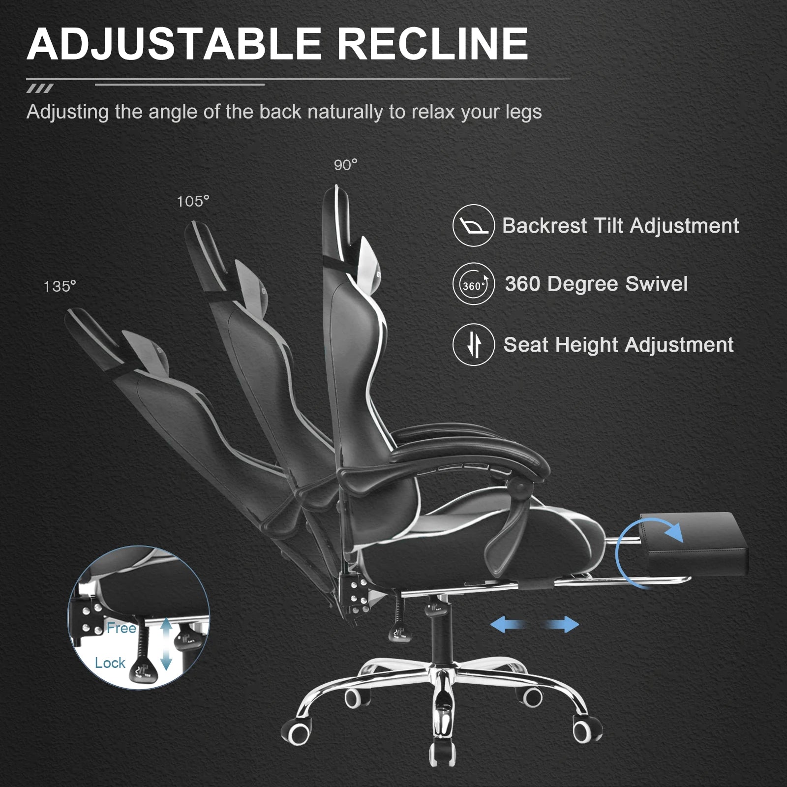 GTPLAYER Gaming Chair with Footrest – Ergonomic Office & Gaming Chair with Lumbar Support, Adjustable Height, Headrest & 360° Swivel