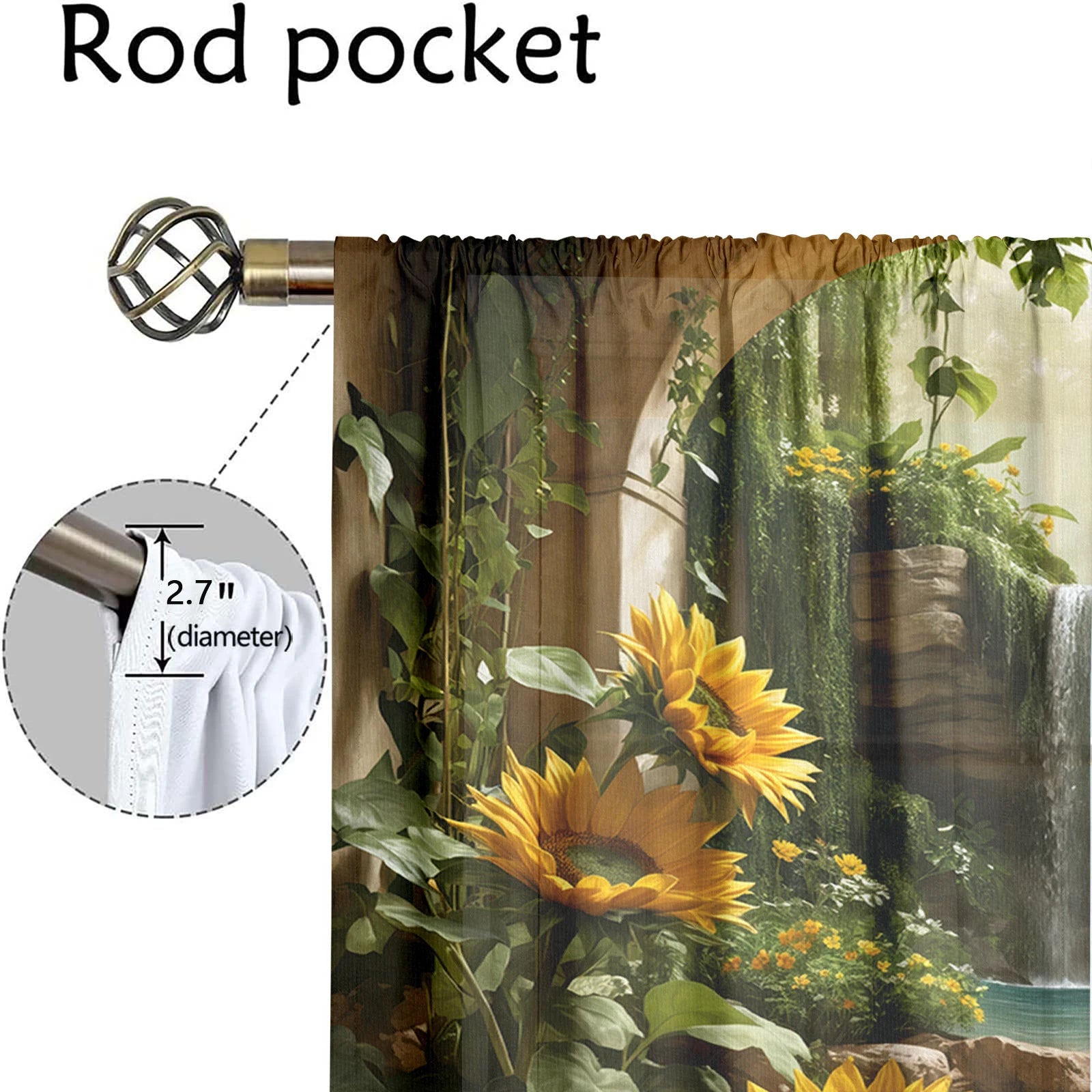 2-Panel Forest Waterfall Drapes – 3D Sunflower & Stream Pattern Curtains for Living Room, Bedroom & Balcony Sun-Shade