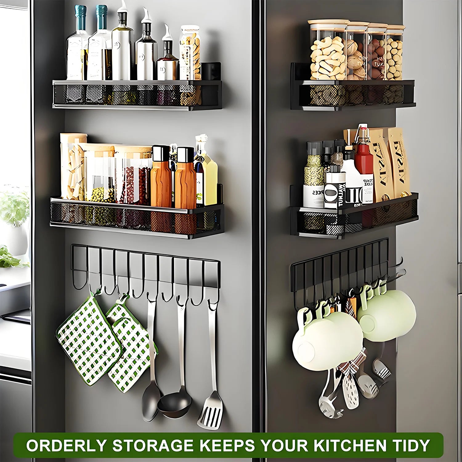 Magnetic Spice Rack for Refrigerator – 3-Pack Magnetic Shelf with 8‑Hook Rack, Moveable Fridge Organizer 🧂🧲