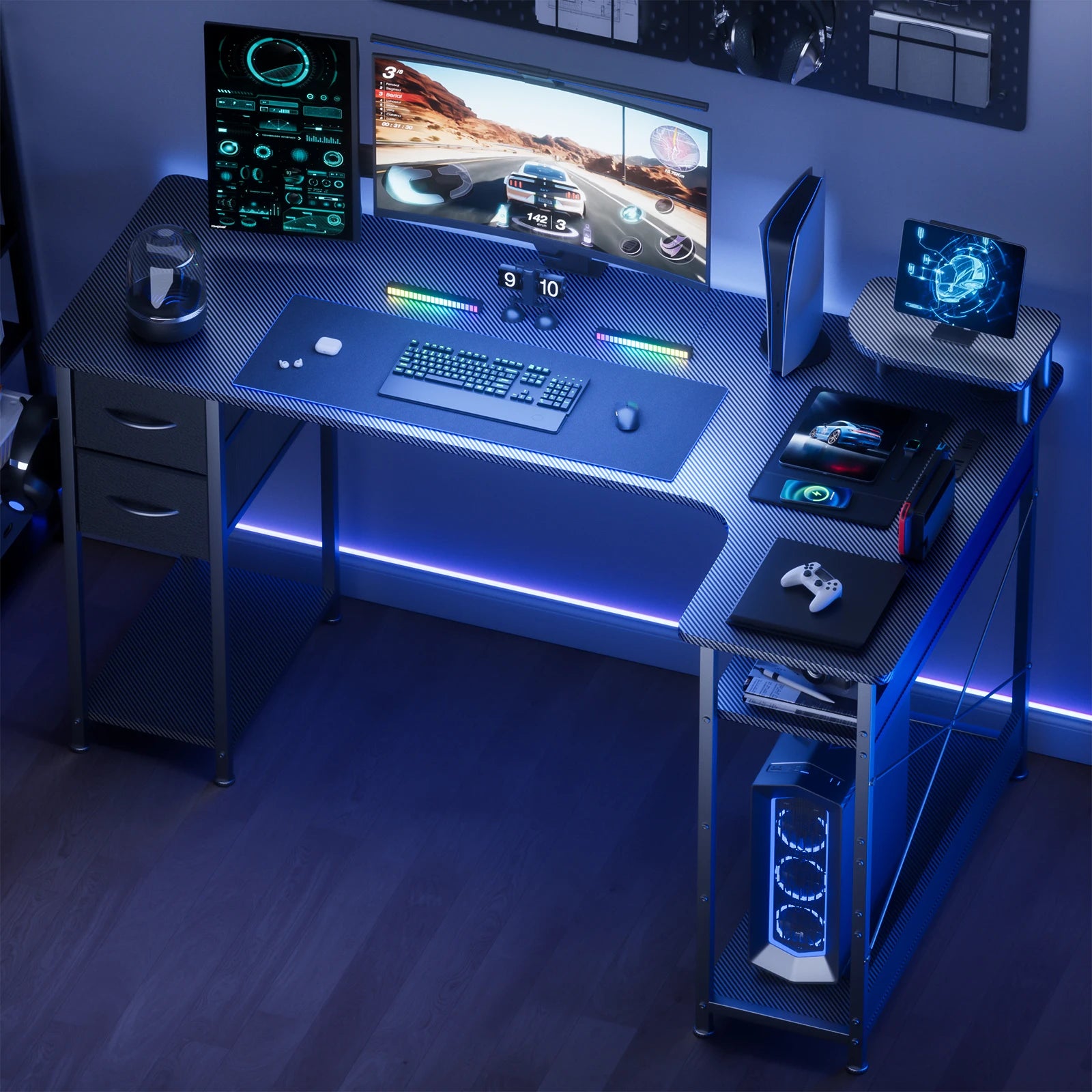 L-Shaped Gaming Desk with Drawers – Carbon Fiber Computer Desk with Monitor Arm for Home Office & Gaming Setups