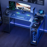 L-Shaped Gaming Desk with Drawers – Carbon Fiber Computer Desk with Monitor Arm for Home Office & Gaming Setups