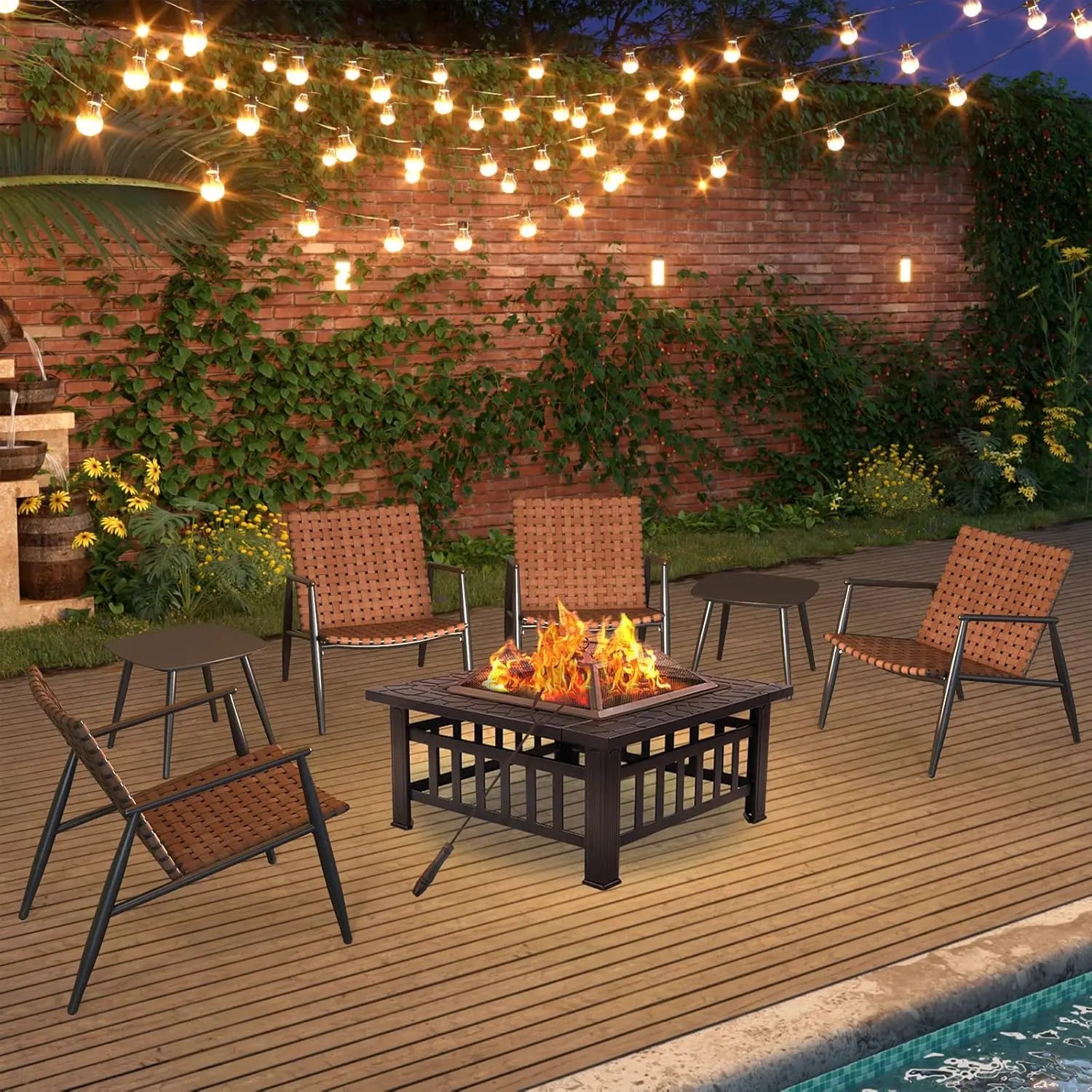4-Piece Vintage Brown Wicker Outdoor Furniture Set – Leather-Look Patio Conversation Set with Loveseat, Chairs & Coffee Table