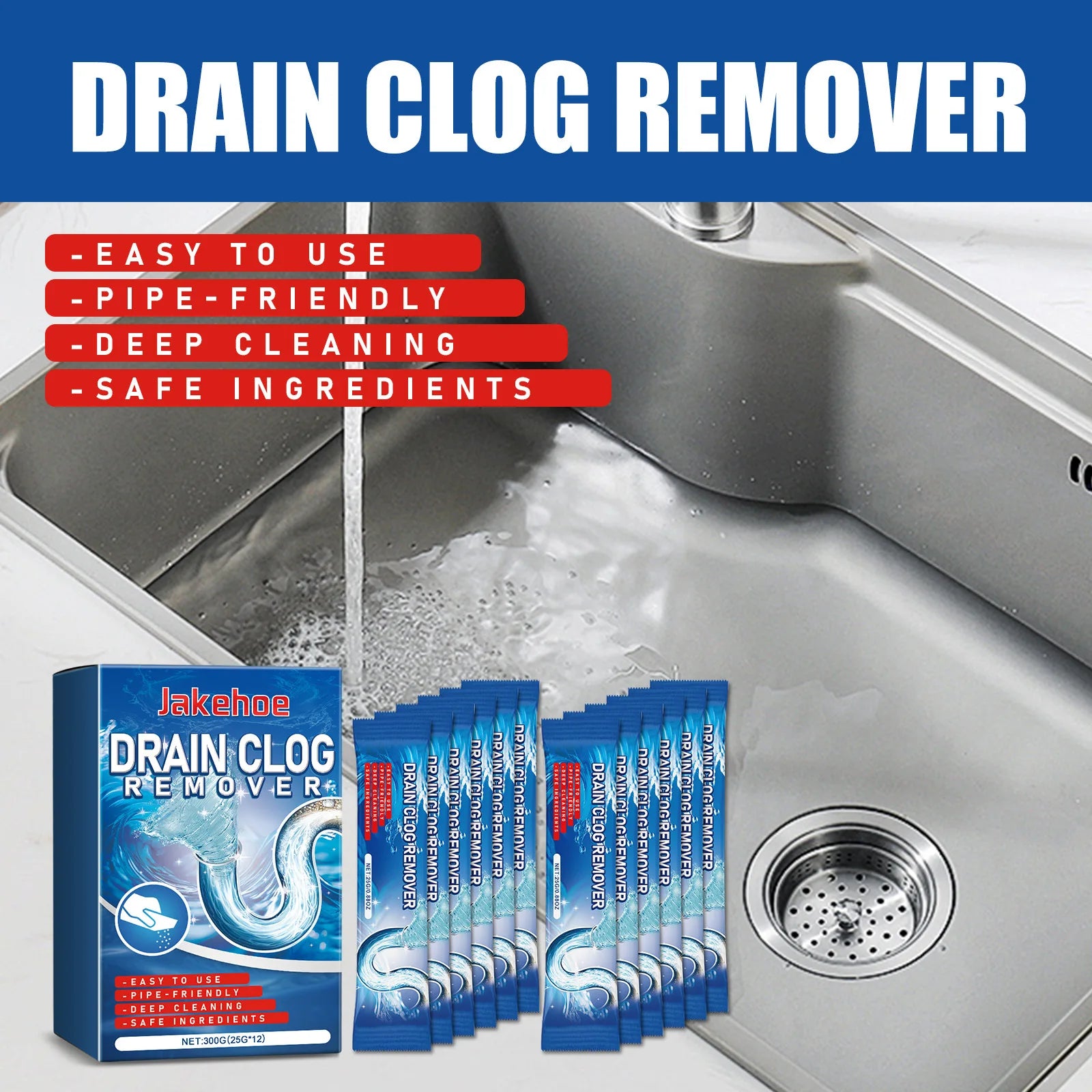 Jakehoe 25 g × 12 Bathroom Sink & Drain Cleaner Powder – High-Power Grease & Hair Clog Remover