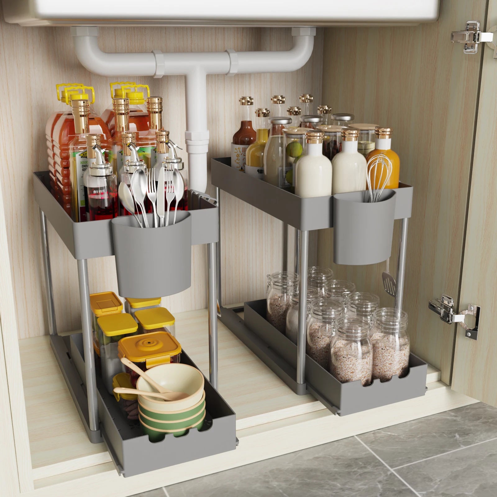 2-Tier Sliding Under-Sink Cabinet Organizer – Pull-Out Storage Rack for Kitchen & Bathroom