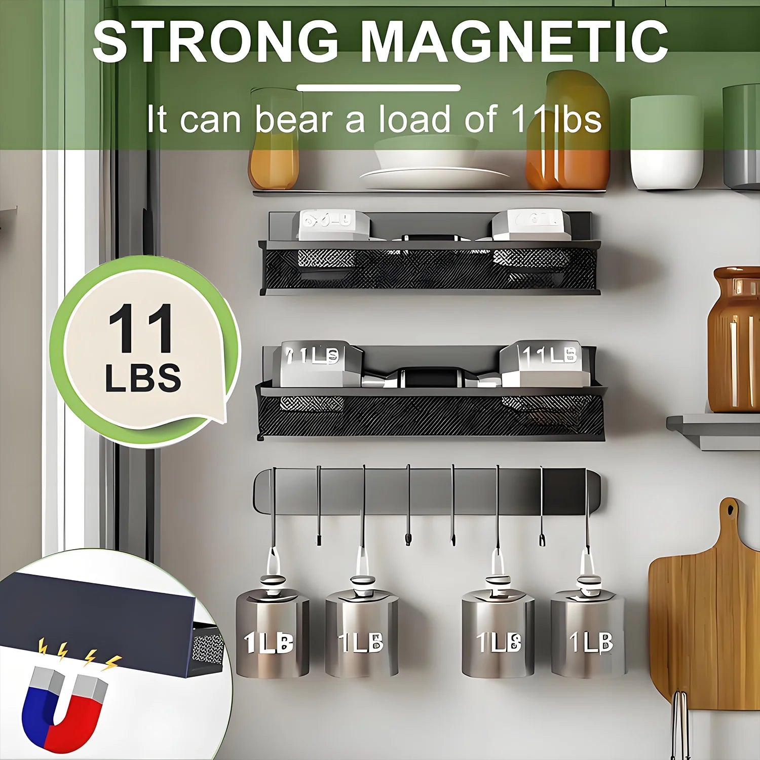 Magnetic Spice Rack for Refrigerator – 3-Pack Magnetic Shelf with 8‑Hook Rack, Moveable Fridge Organizer 🧂🧲
